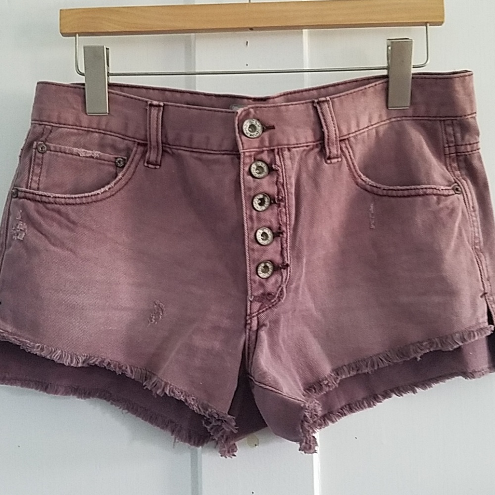 Dusted rose colored high waist denim shorts